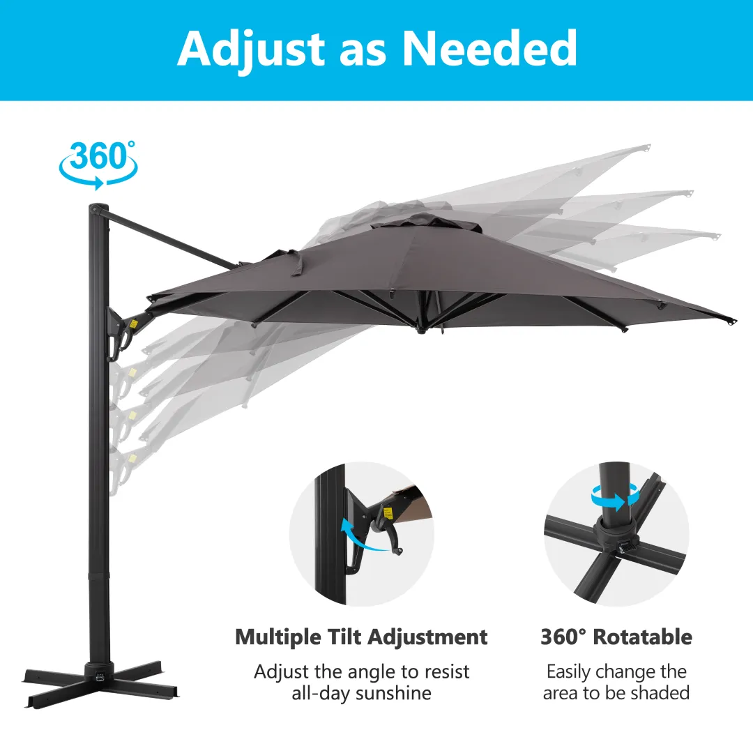 11 Ft Round Cantilever Patio Umbrella, Grey - 360° Rotation & Tilt Adjustment, No Base