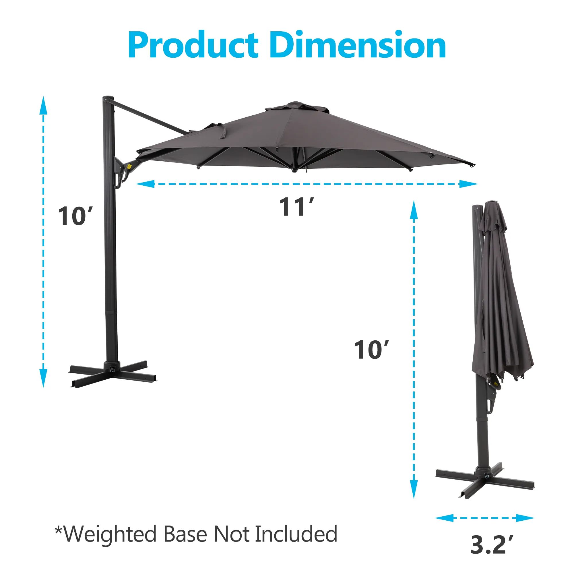 11 Ft Round Cantilever Patio Umbrella, Grey - 360° Rotation & Tilt Adjustment, No Base