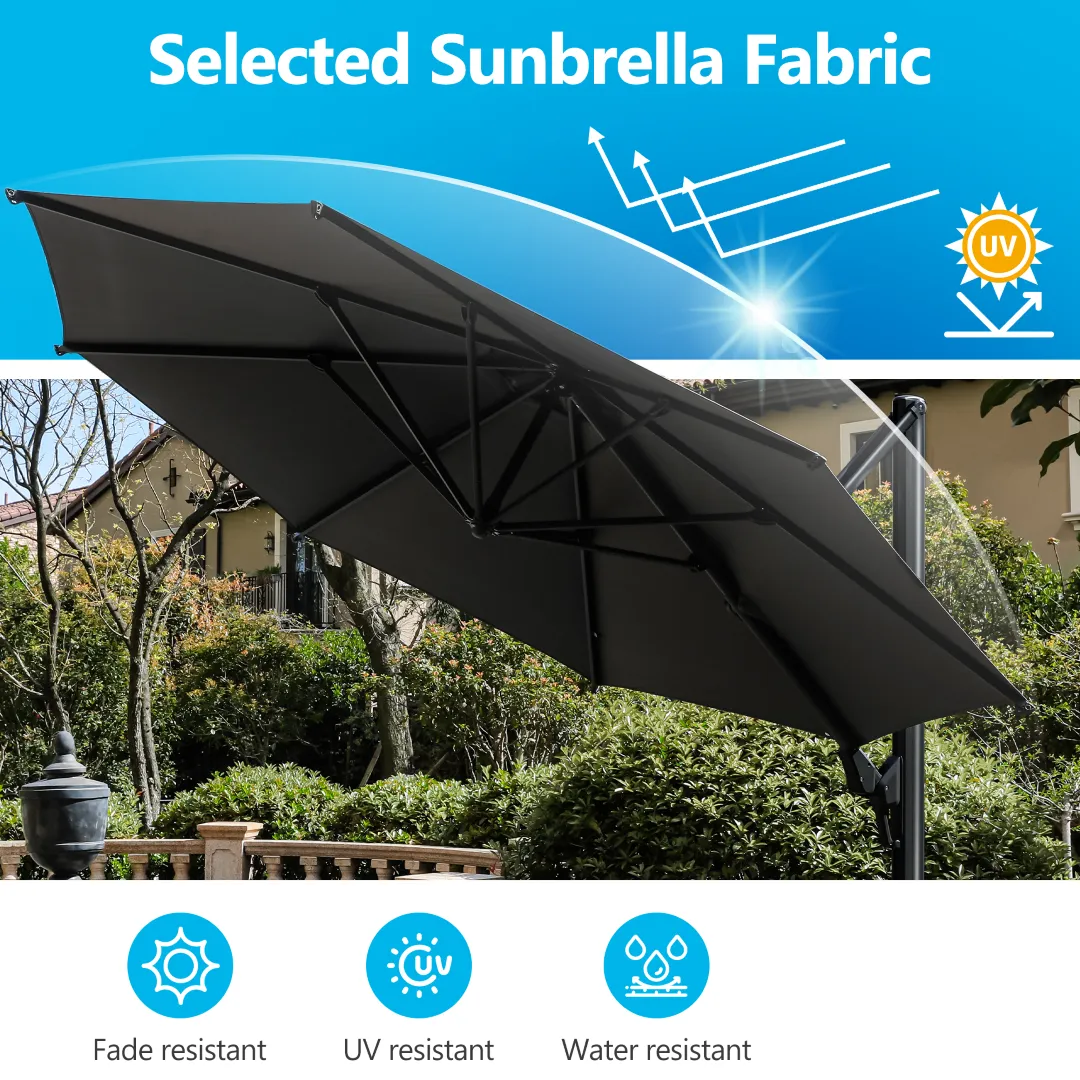 11 Ft Round Cantilever Patio Umbrella, Grey - 360° Rotation & Tilt Adjustment, No Base