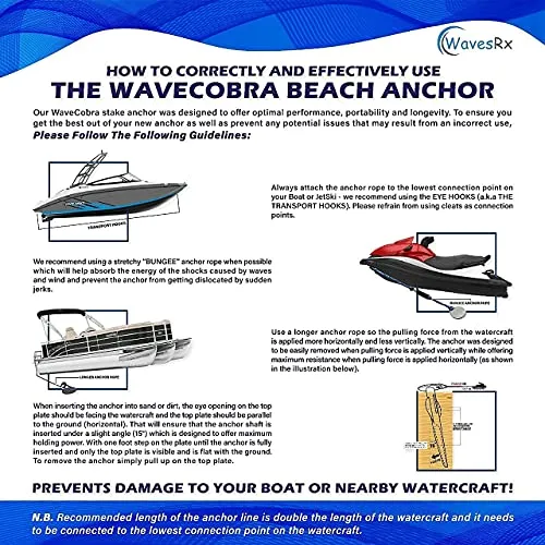 18" Aluminum Sand Spike Beach Anchor - WaveCobra | Keeps Your Watercraft Securely Anchored Near Shore, Sandbar or in Shallow Water | Ultra Light Patent Pending Design for Boats, Jet Ski & PWC