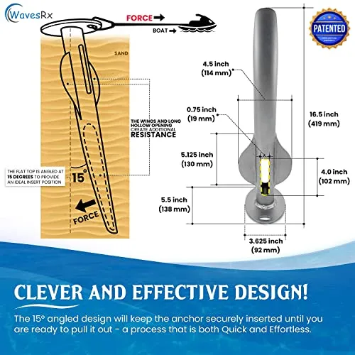 18" Aluminum Sand Spike Beach Anchor - WaveCobra | Keeps Your Watercraft Securely Anchored Near Shore, Sandbar or in Shallow Water | Ultra Light Patent Pending Design for Boats, Jet Ski & PWC