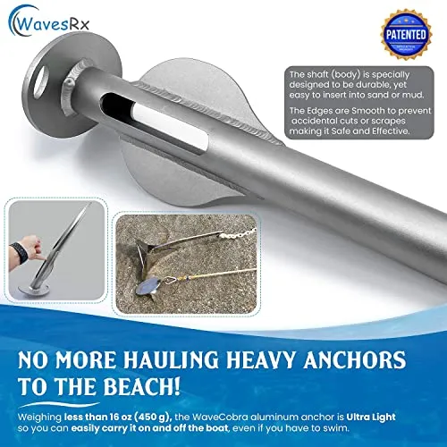 18" Aluminum Sand Spike Beach Anchor - WaveCobra | Keeps Your Watercraft Securely Anchored Near Shore, Sandbar or in Shallow Water | Ultra Light Patent Pending Design for Boats, Jet Ski & PWC
