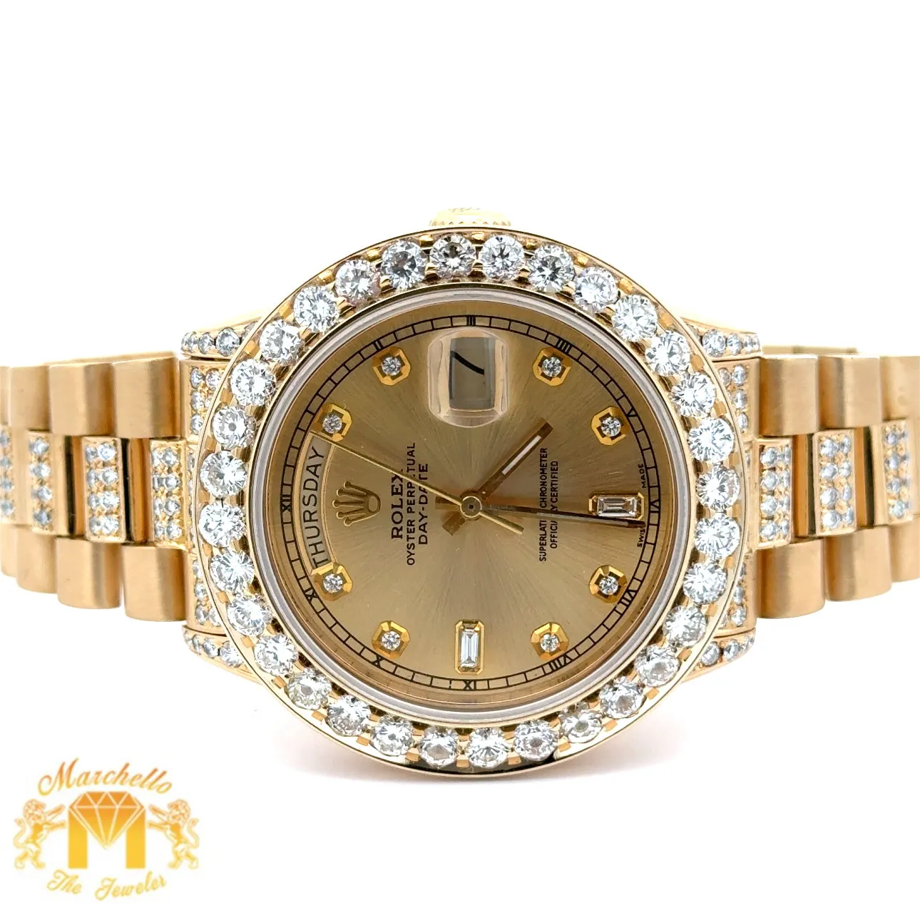 4 piece deal: 36mm 18k Gold Presidential Rolex Diamond Watch (XL Bezel measures 40mm)   3.40ct diamonds 14k Gold Men`s Ring   14k Gold and Diamond Earrings   Gift from MTJ