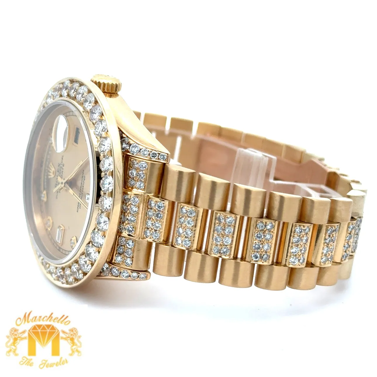 4 piece deal: 36mm 18k Gold Presidential Rolex Diamond Watch (XL Bezel measures 40mm)   3.40ct diamonds 14k Gold Men`s Ring   14k Gold and Diamond Earrings   Gift from MTJ