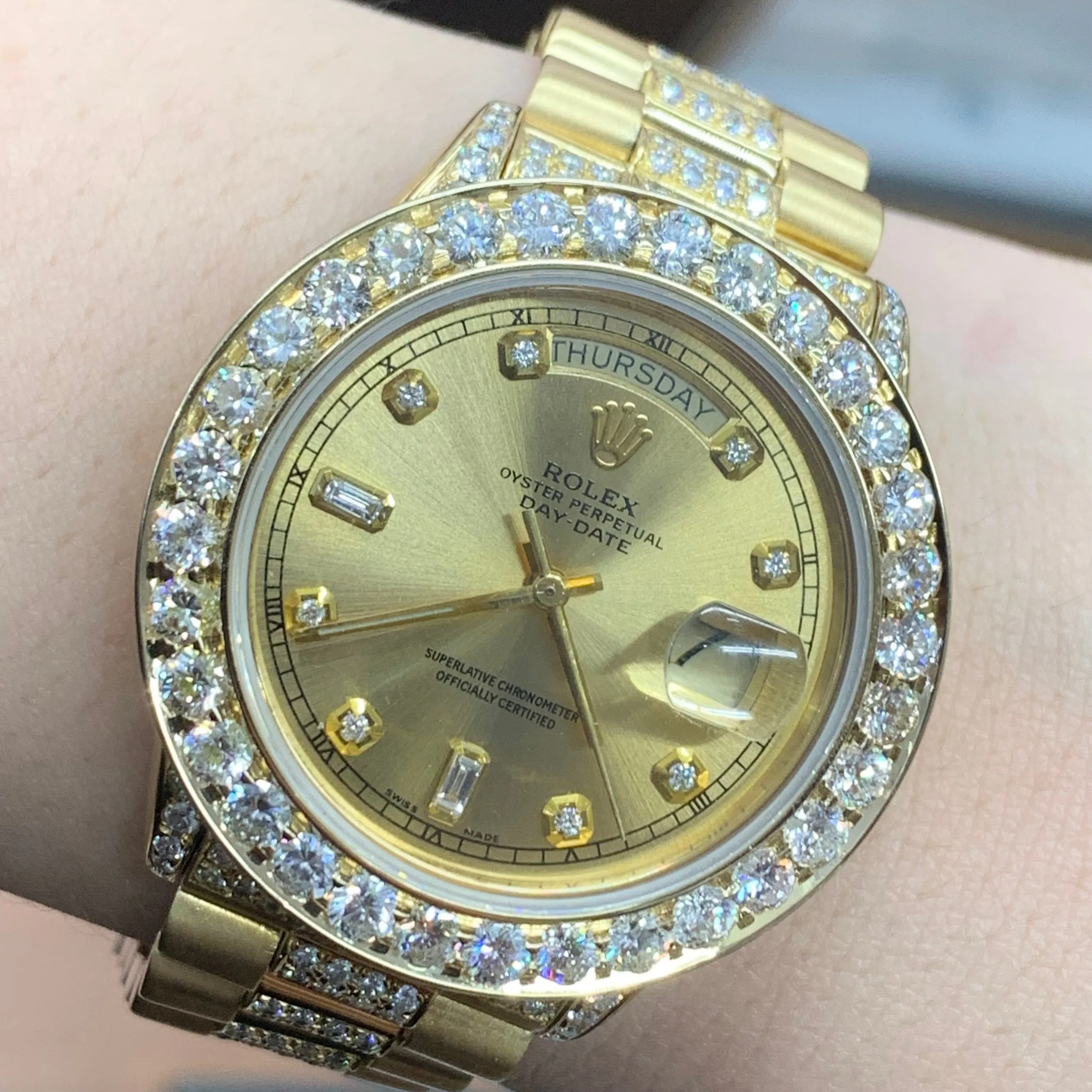 4 piece deal: 36mm 18k Gold Presidential Rolex Diamond Watch (XL Bezel measures 40mm)   3.40ct diamonds 14k Gold Men`s Ring   14k Gold and Diamond Earrings   Gift from MTJ