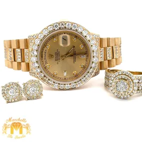 4 piece deal: 36mm 18k Gold Presidential Rolex Diamond Watch (XL Bezel measures 40mm)   3.40ct diamonds 14k Gold Men`s Ring   14k Gold and Diamond Earrings   Gift from MTJ