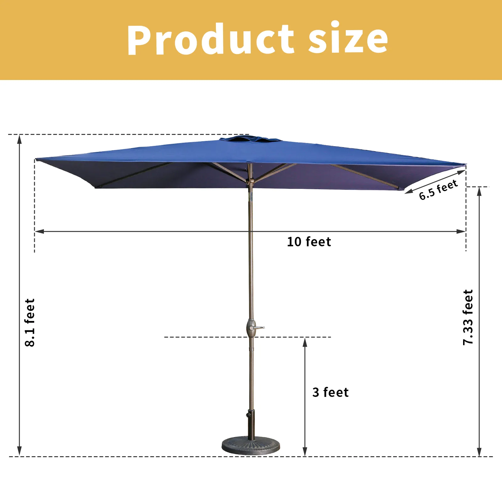 6.5Ft x 10Ft Rectangular Patio Umbrella, Push Button Tilt & Crank, Aluminum Pole, Outdoor Table Market - Navy