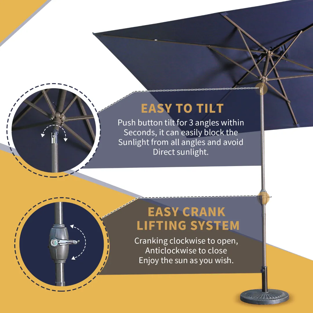 6.5Ft x 10Ft Rectangular Patio Umbrella, Push Button Tilt & Crank, Aluminum Pole, Outdoor Table Market - Navy