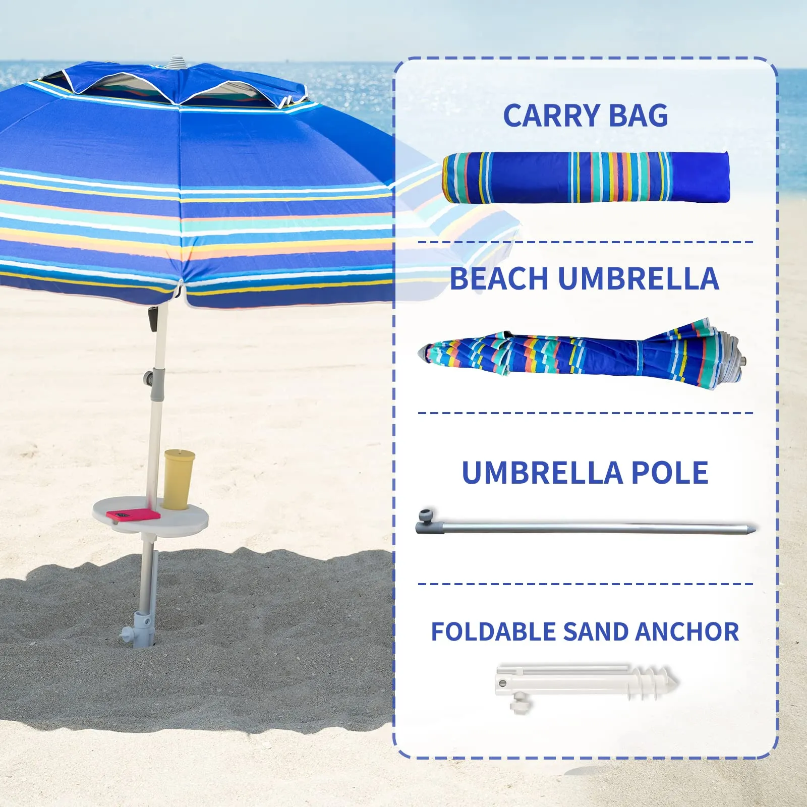 AMMSUN 7ft Heavy Duty High Wind Beach Umbrella Parasols with sand anchor & Tilt Sun Shelter