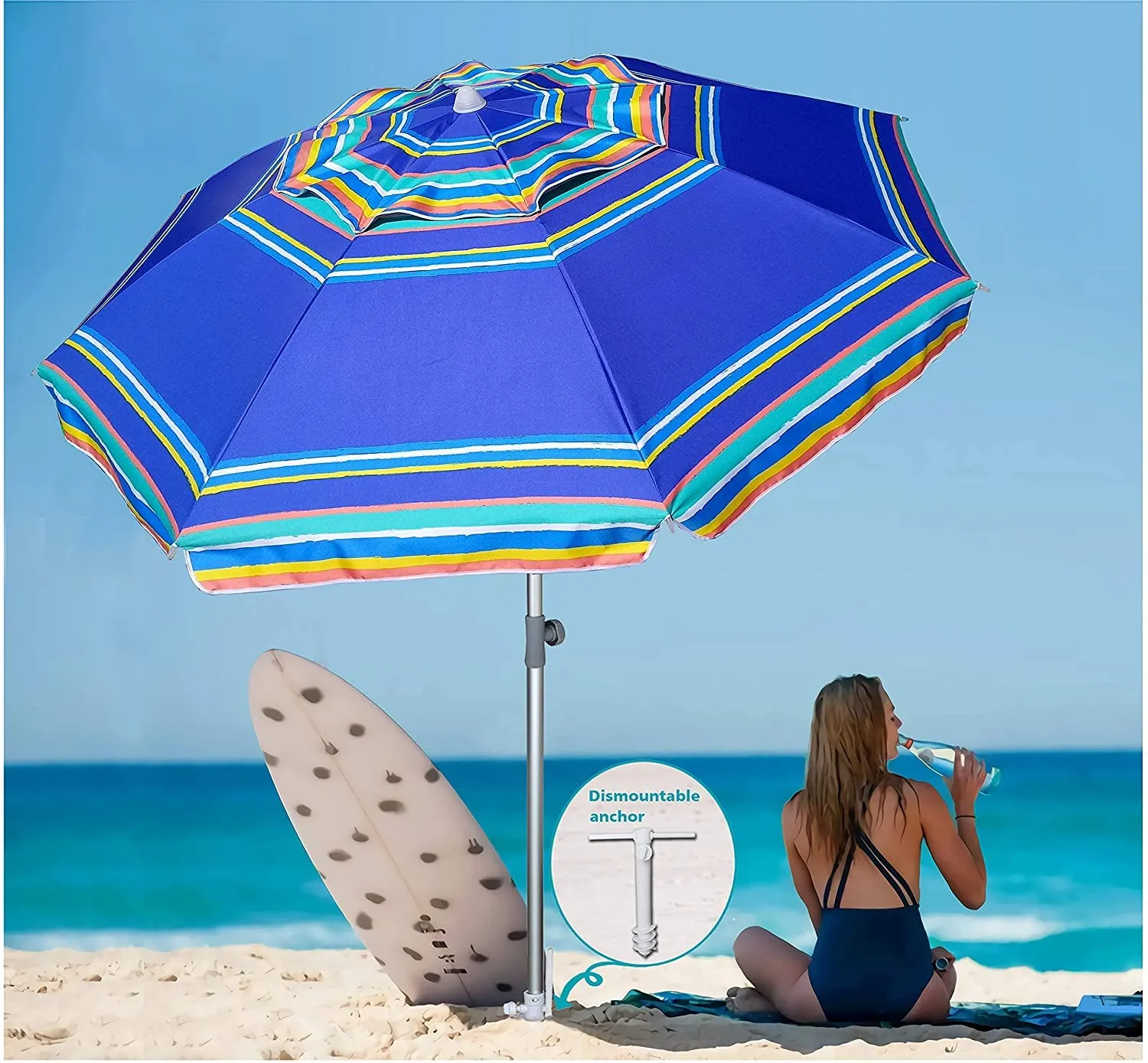 AMMSUN 7ft Heavy Duty High Wind Beach Umbrella Parasols with sand anchor & Tilt Sun Shelter
