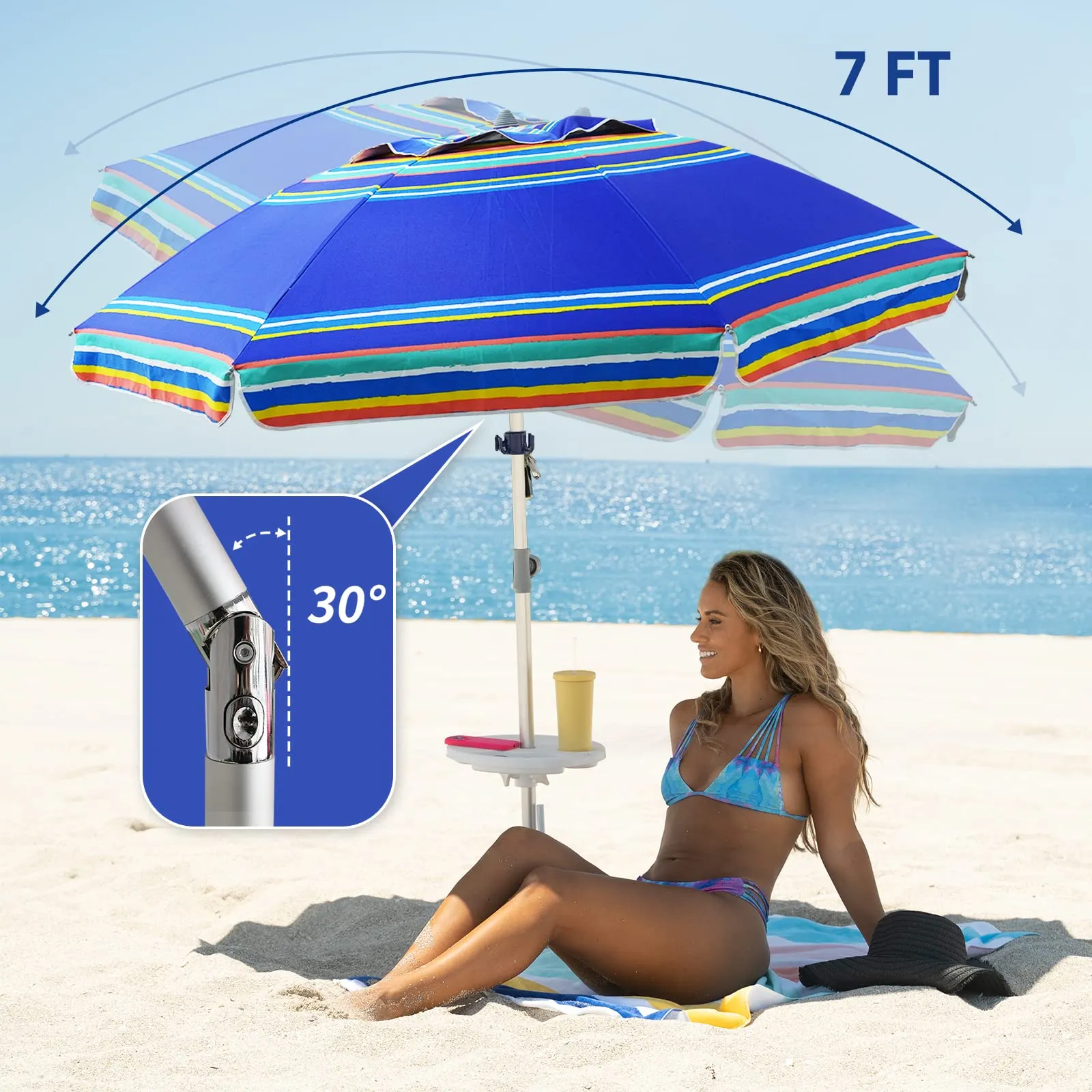 AMMSUN 7ft Heavy Duty High Wind Beach Umbrella Parasols with sand anchor & Tilt Sun Shelter