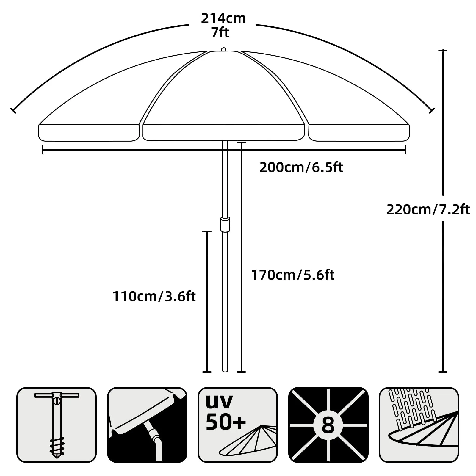 AMMSUN 7ft Heavy Duty High Wind Beach Umbrella Parasols with sand anchor & Tilt Sun Shelter