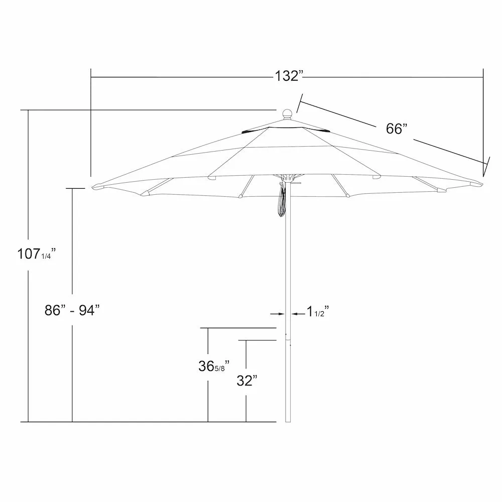 California Umbrella 11' Venture Series Patio Umbrella with Black Aluminum Pole Fiberglass Ribs Pulley Lift With Sunbrella Fabric