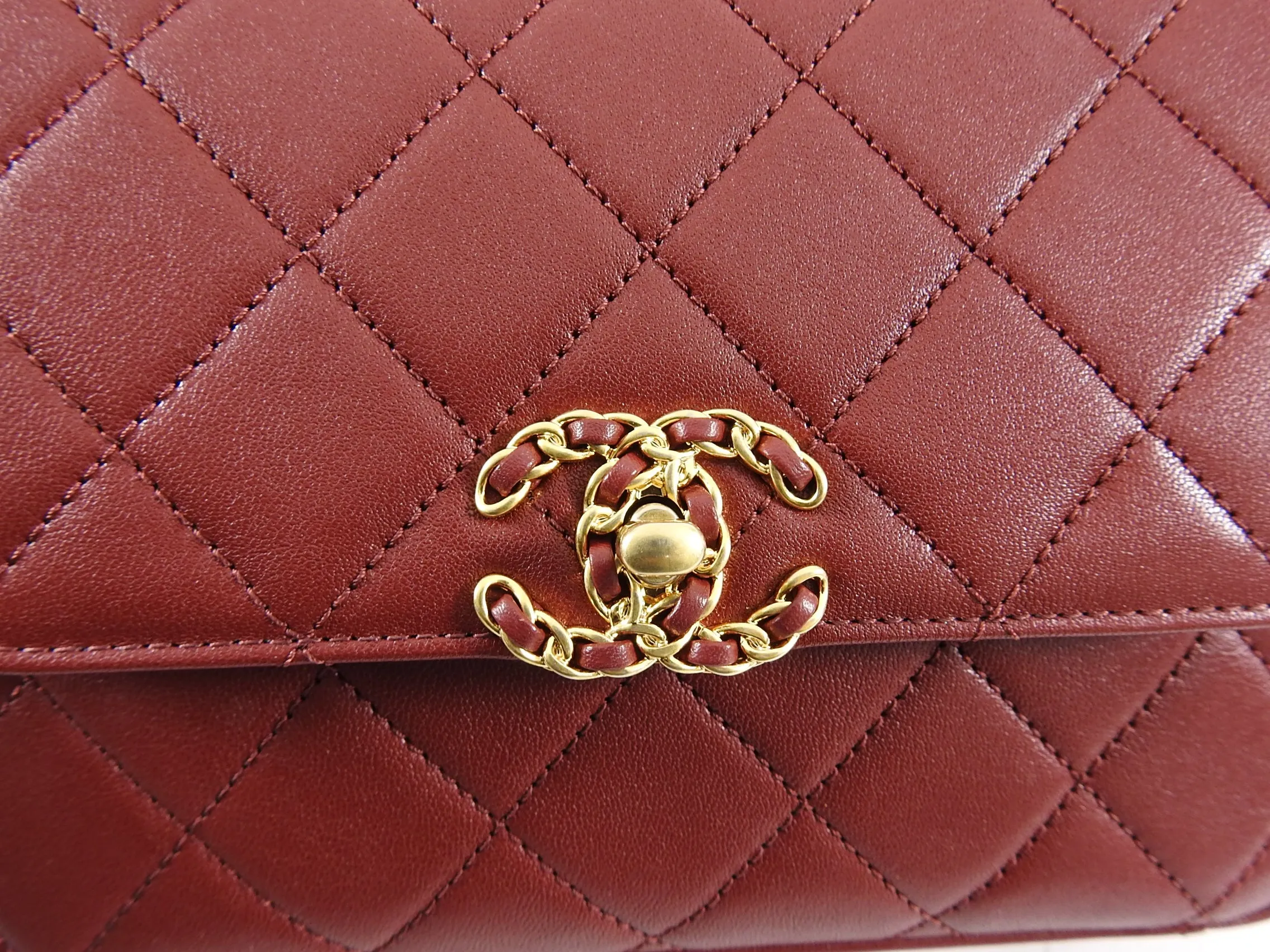 Chanel 19B Burgundy Red Quilted Top Handle Flap Bag