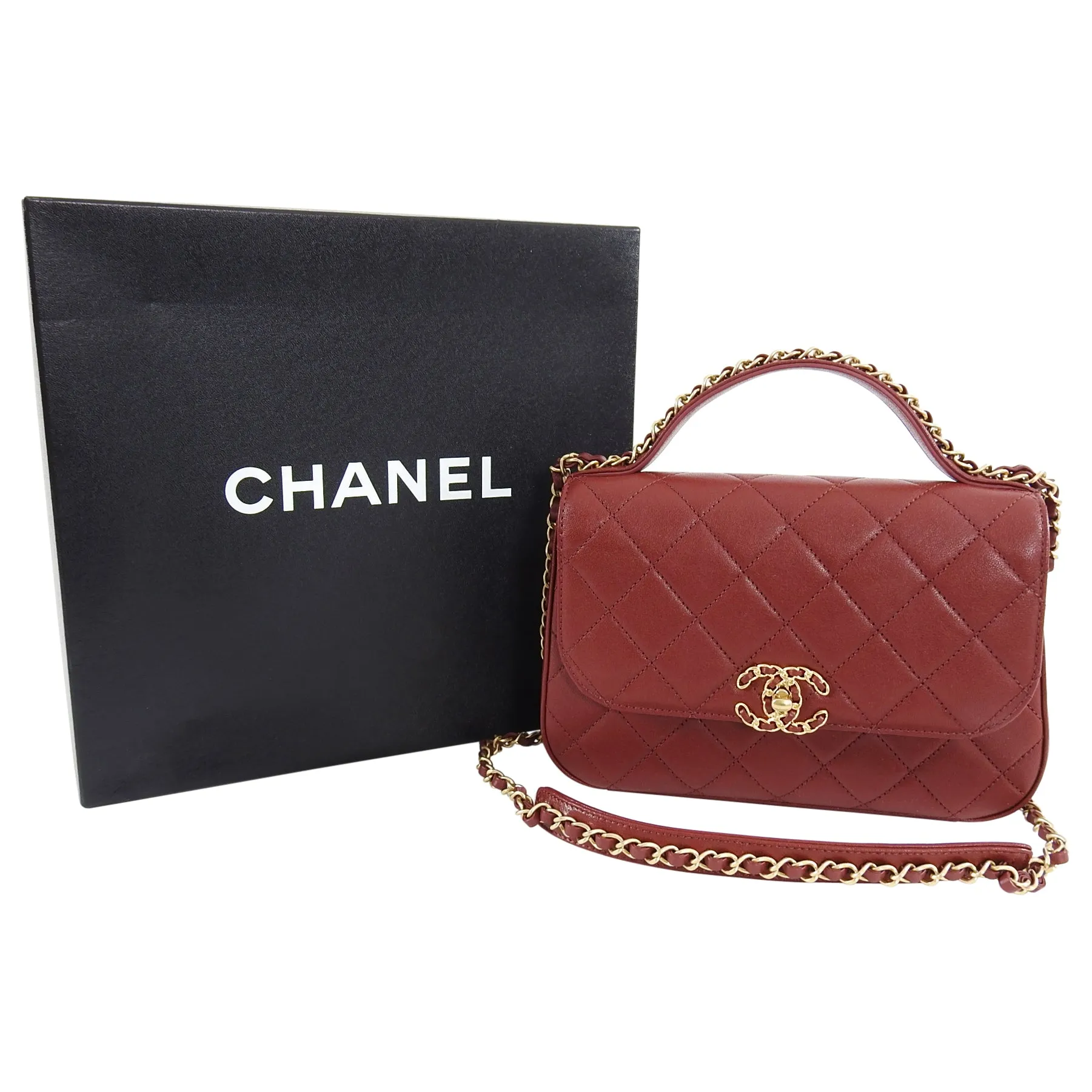 Chanel 19B Burgundy Red Quilted Top Handle Flap Bag