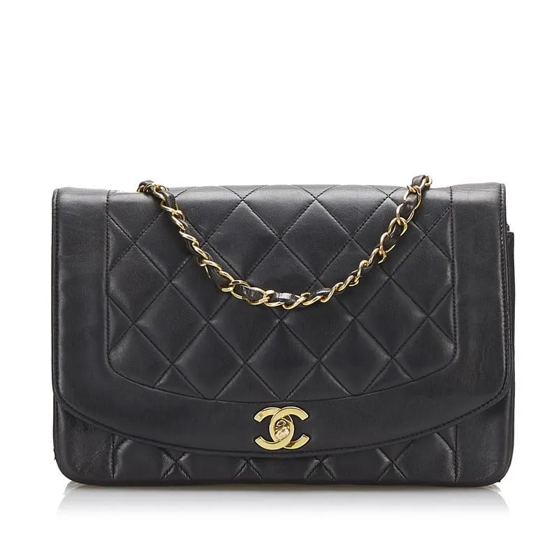 Chanel Diana Bag Classic Single Flap Bag Lambskin Leather Black Vintage Medium