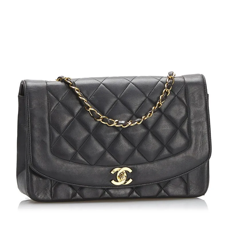Chanel Diana Bag Classic Single Flap Bag Lambskin Leather Black Vintage Medium