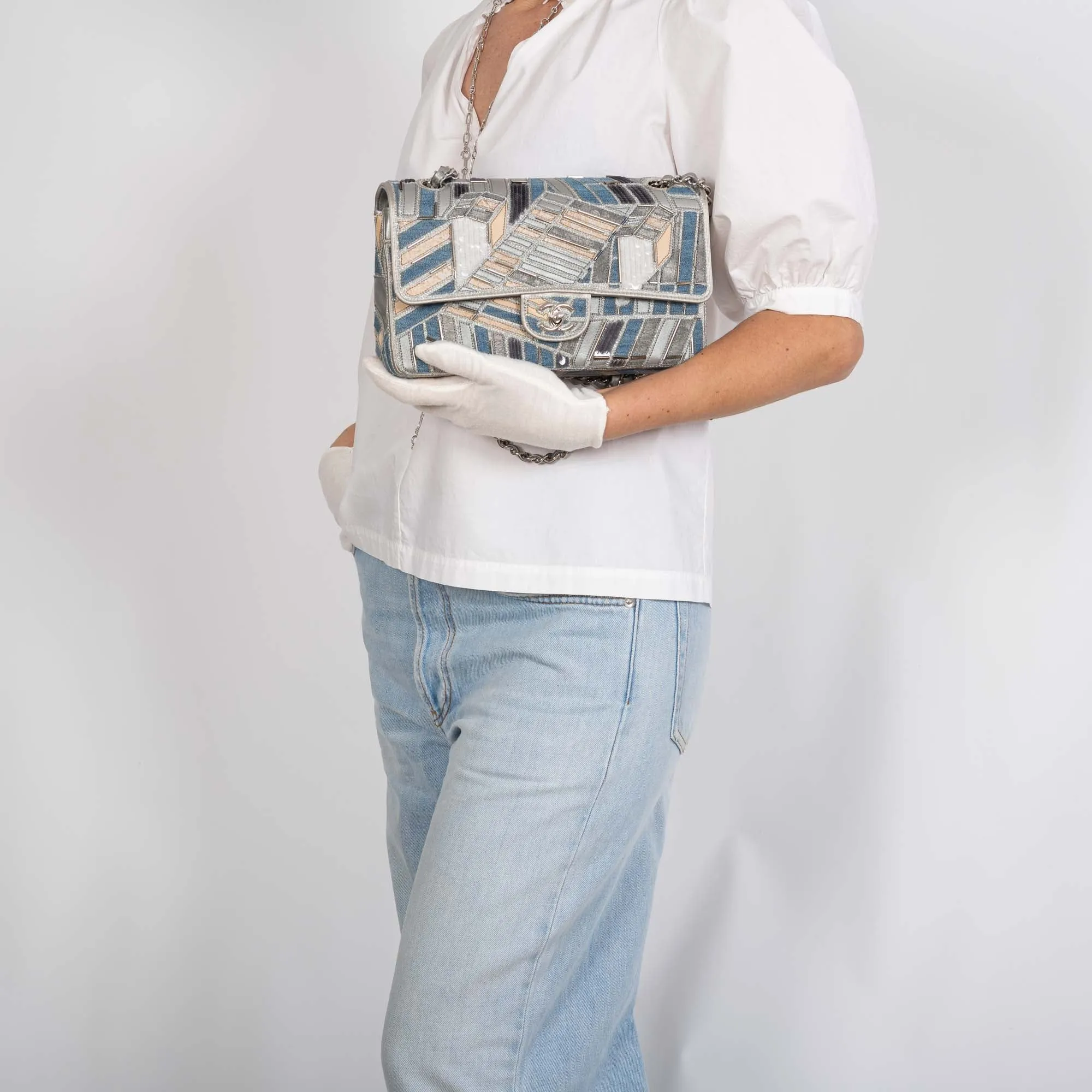 Chanel Medium Classic Double Flap Embroidered Patchwork Denim, Sequin and Silver Lambskin Silver Hardware