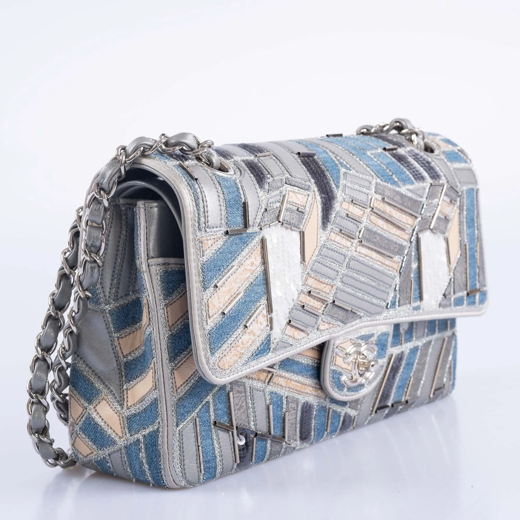 Chanel Medium Classic Double Flap Embroidered Patchwork Denim, Sequin and Silver Lambskin Silver Hardware
