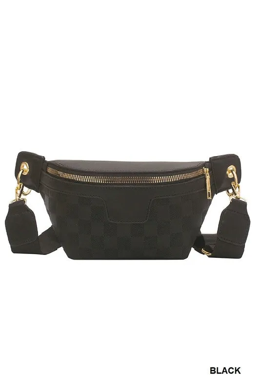 Checkered Leather Sling Bag with Adjustable Strap in Black