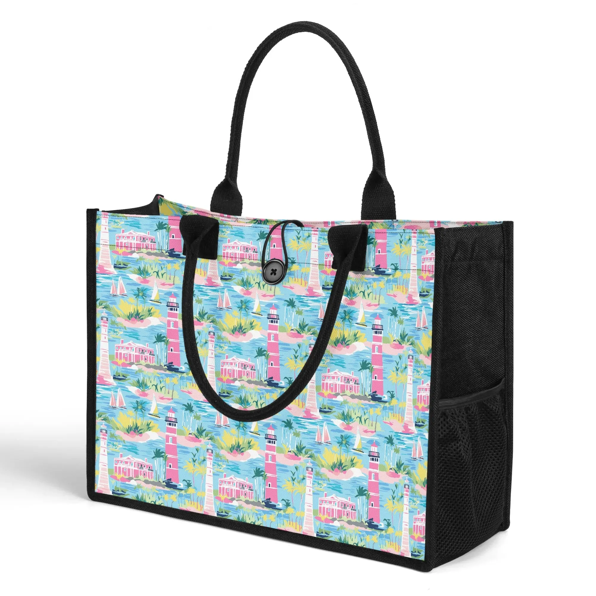 Coastal Charms: Sailboats and Lighthouses Adorning the Coastline Structured Button Closure Canvas Tote Bag in 2 Sizes