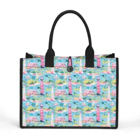 Coastal Charms: Sailboats and Lighthouses Adorning the Coastline Structured Button Closure Canvas Tote Bag in 2 Sizes