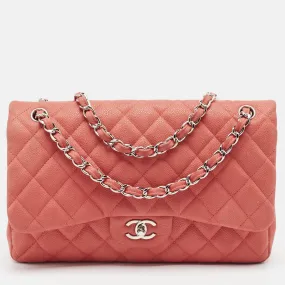 Coral Pink Caviar Leather Jumbo Classic Double Flap Bag