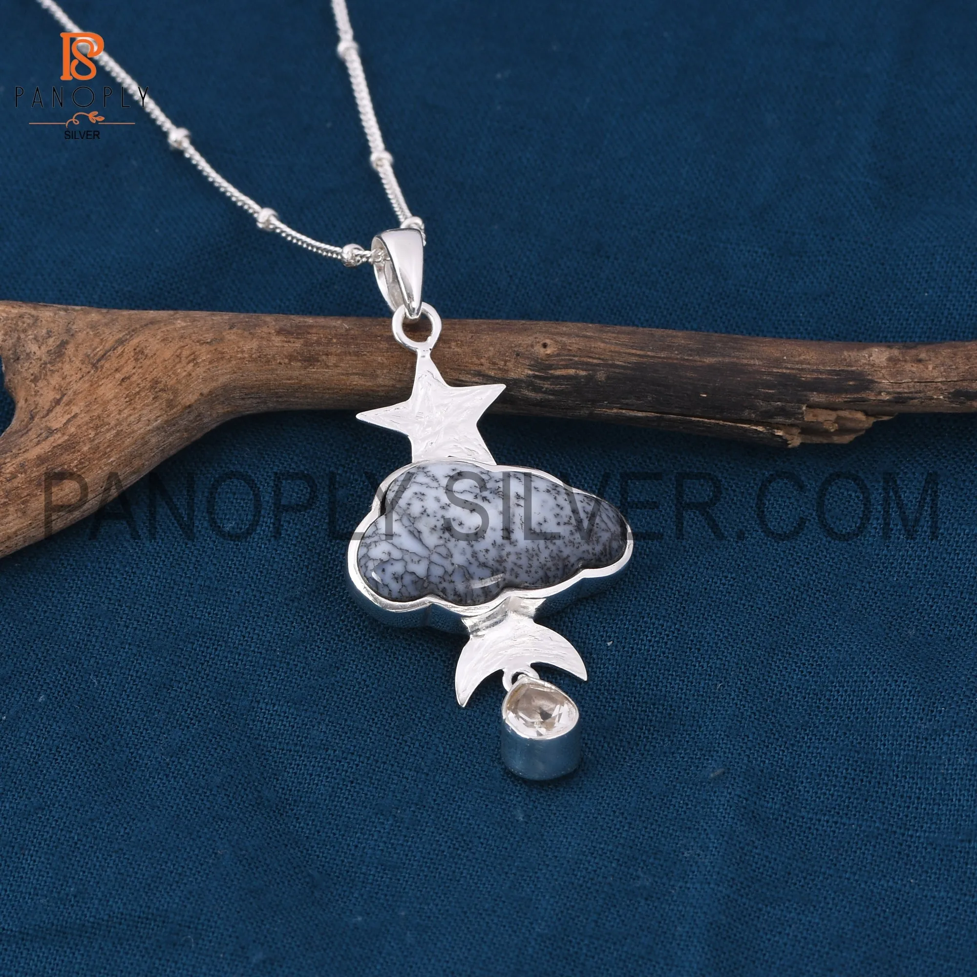 Dendrite celestial pendant with crystal quartz raindrops