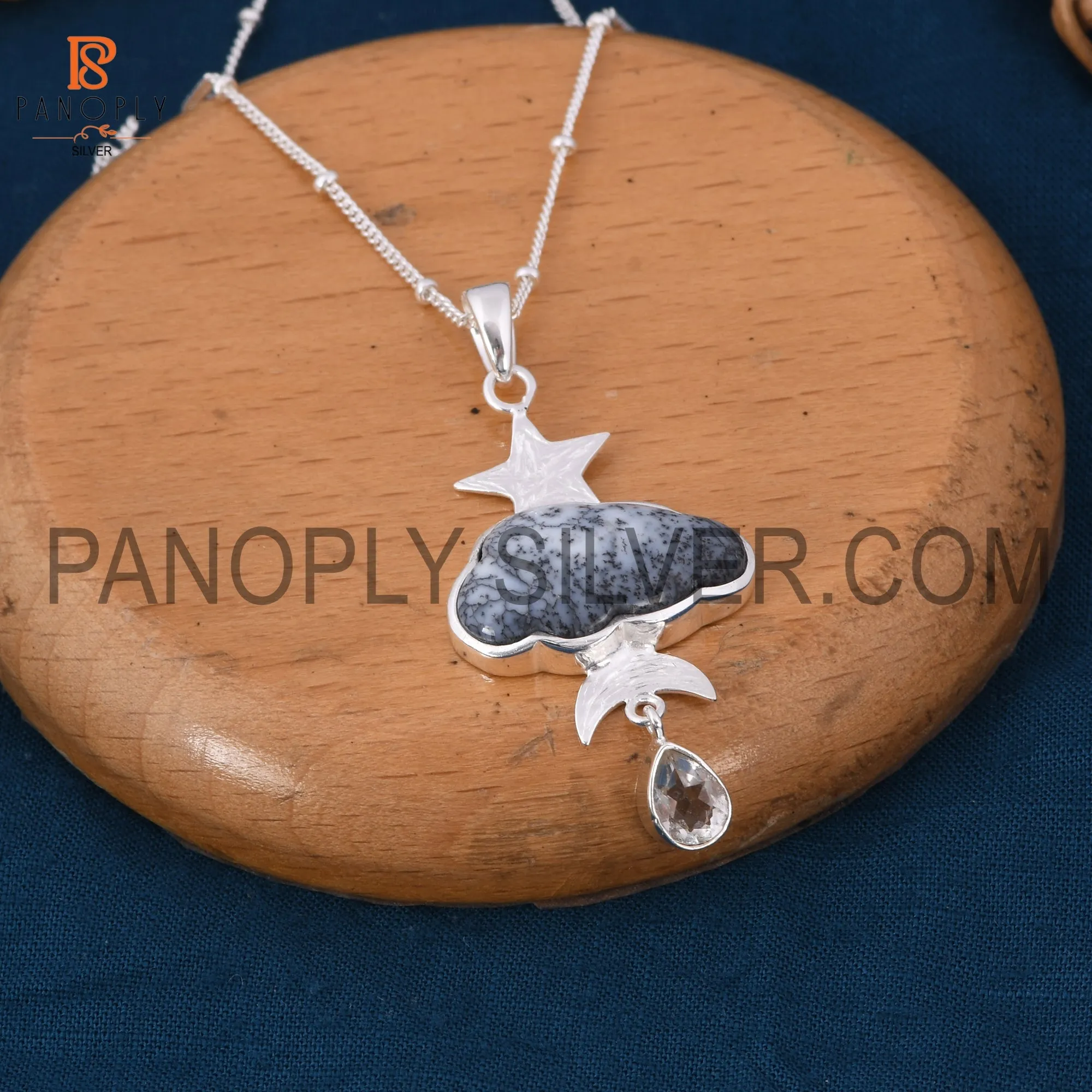 Dendrite celestial pendant with crystal quartz raindrops