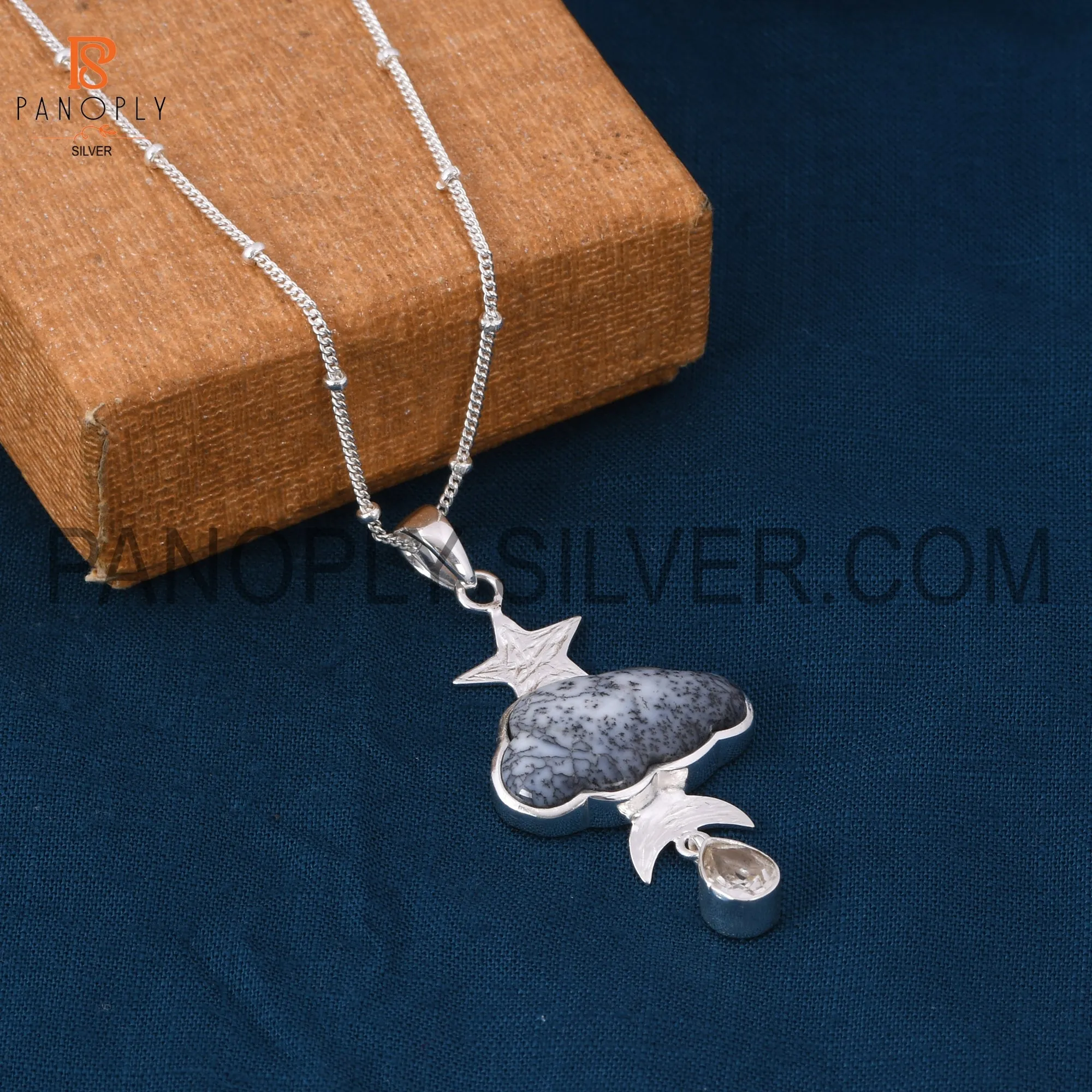 Dendrite celestial pendant with crystal quartz raindrops