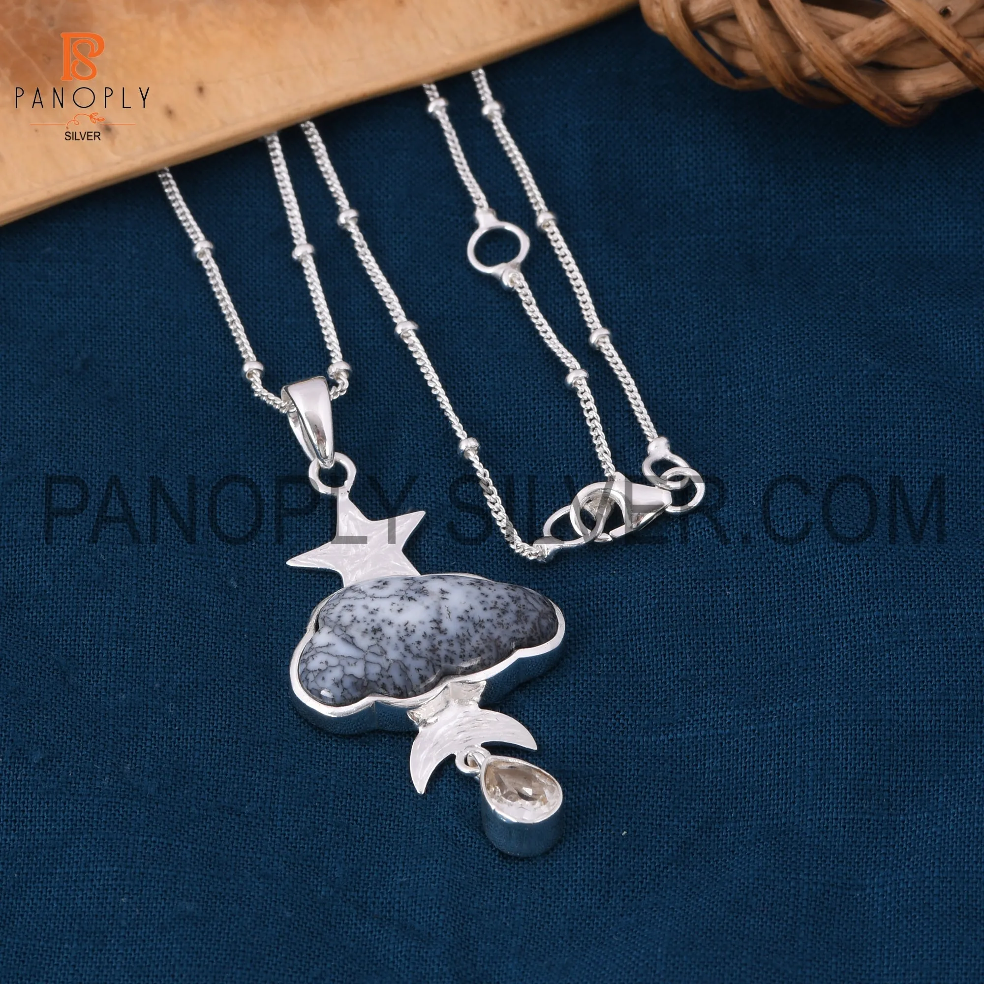 Dendrite celestial pendant with crystal quartz raindrops