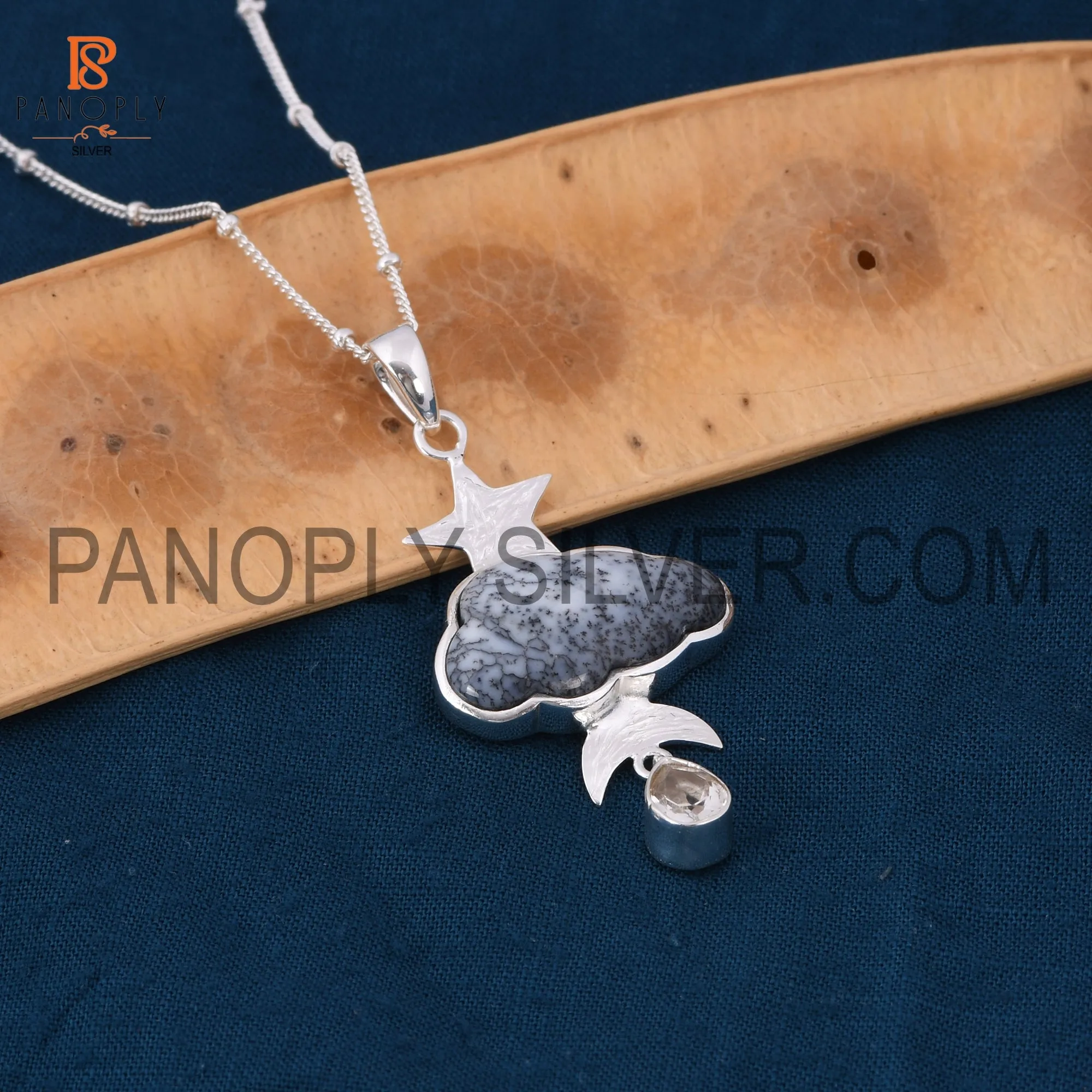 Dendrite celestial pendant with crystal quartz raindrops
