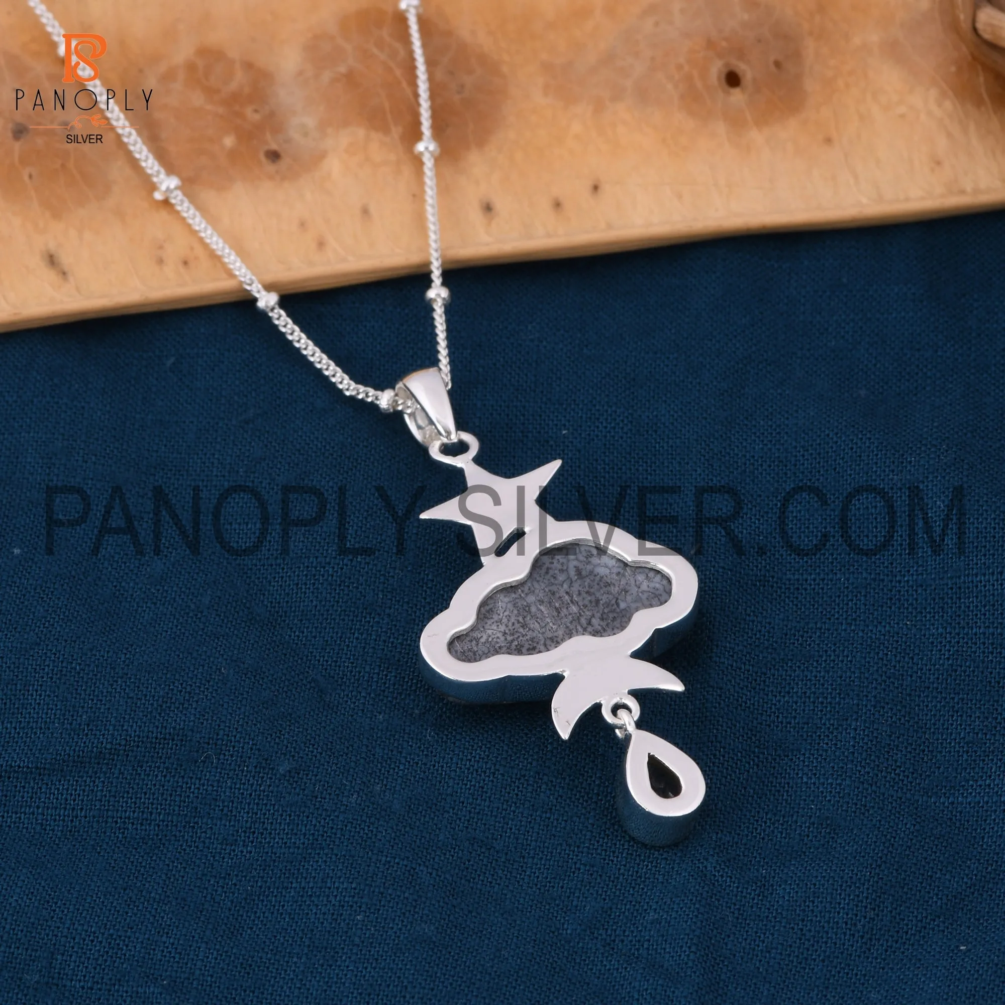 Dendrite celestial pendant with crystal quartz raindrops