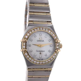 Estate Omega Two Tone Ladies Constellation White Mother Of Pearl Diamond Dial