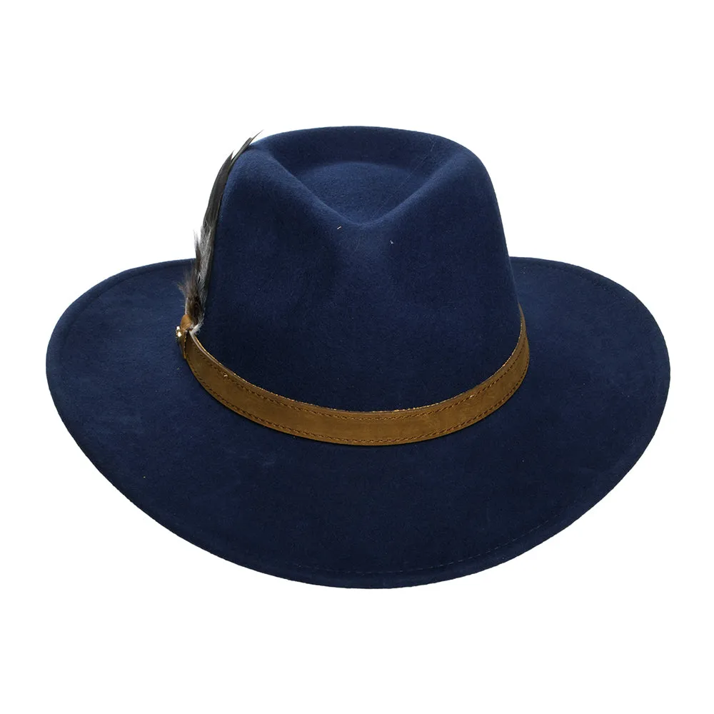 Failsworth Hats Showerproof Wool Felt Outback Hat With Feathers - Navy Blue