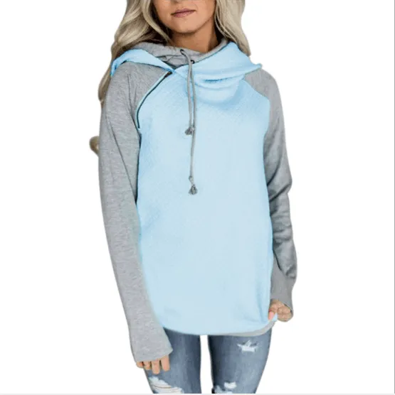 Fall / Winter Hot Sale Foreign Trade Oblique Zipper Double Cap Splicing Hoodie Sweater Plaid Coat 0591