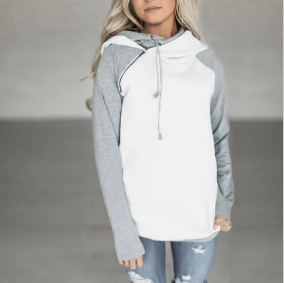 Fall / Winter Hot Sale Foreign Trade Oblique Zipper Double Cap Splicing Hoodie Sweater Plaid Coat 0591