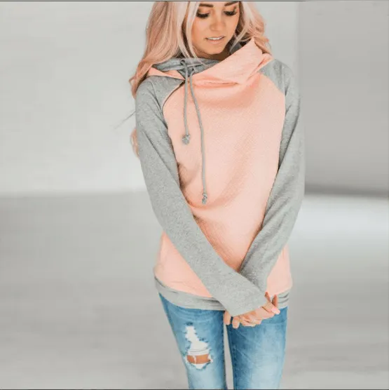 Fall / Winter Hot Sale Foreign Trade Oblique Zipper Double Cap Splicing Hoodie Sweater Plaid Coat 0591