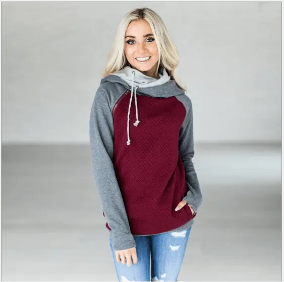 Fall / Winter Hot Sale Foreign Trade Oblique Zipper Double Cap Splicing Hoodie Sweater Plaid Coat 0591