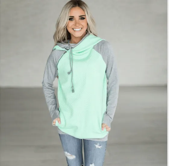 Fall / Winter Hot Sale Foreign Trade Oblique Zipper Double Cap Splicing Hoodie Sweater Plaid Coat 0591