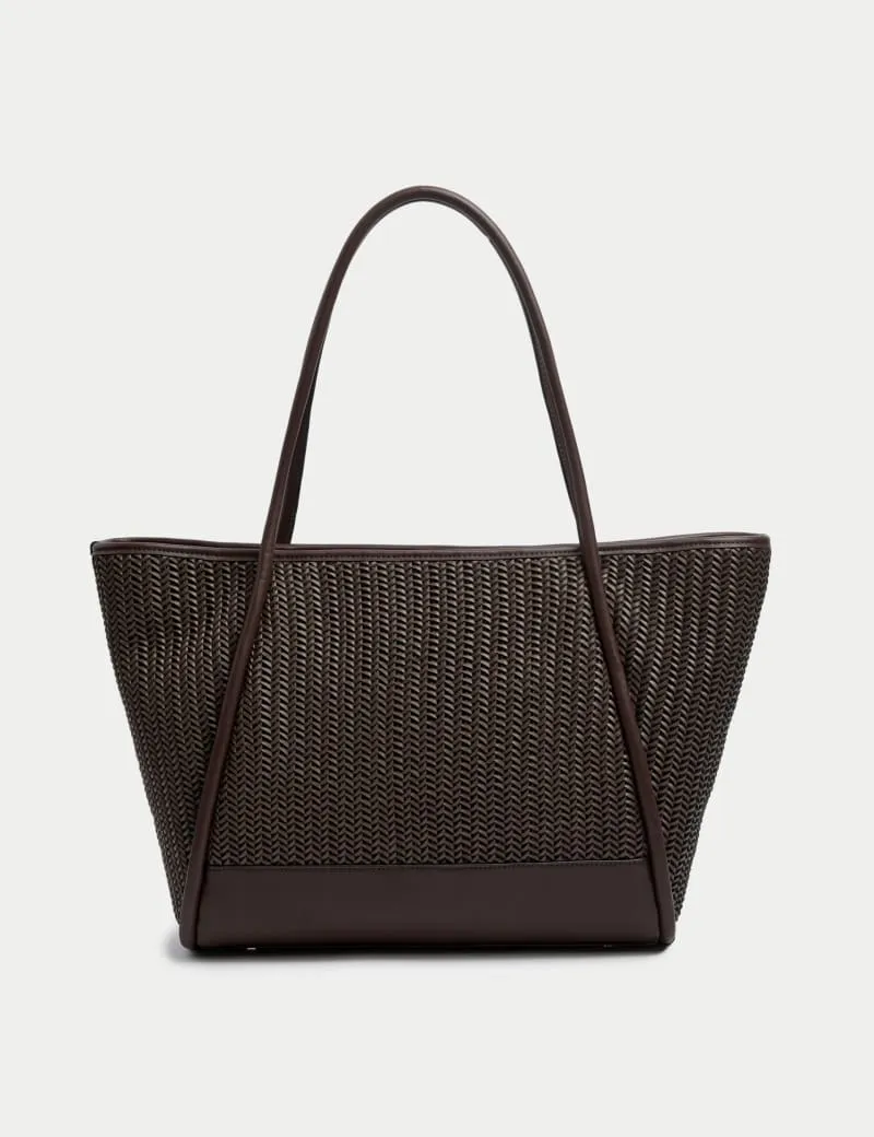 Faux Leather Woven Structured Tote Bag