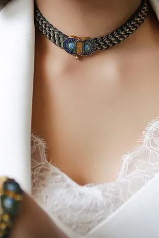 Hand knitted trabzon straw choker with handmade enamel in sterling silver