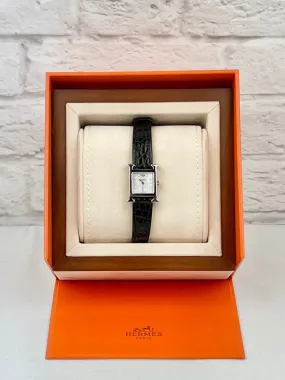 Hermes Heure H Stainless Steel Watch, Mother of Pearl Face W/ Diamonds, 17.2 mm Alligator Strap, Black