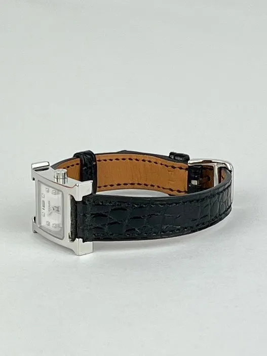 Hermes Heure H Stainless Steel Watch, Mother of Pearl Face W/ Diamonds, 17.2 mm Alligator Strap, Black
