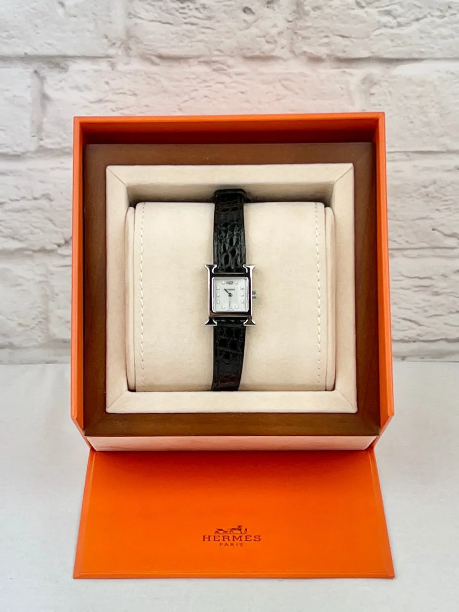 Hermes Heure H Stainless Steel Watch, Mother of Pearl Face W/ Diamonds, 17.2 mm Alligator Strap, Black