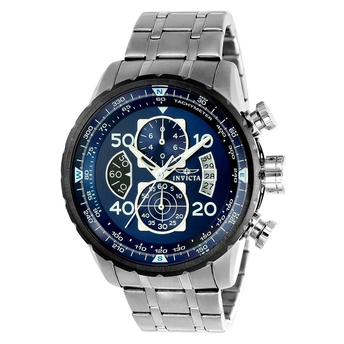 Invicta 22970 Men's Aviator Blue Dial Steel Bracelet Chronograph Compass Watch
