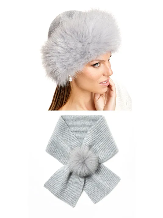 Knitted Wool Blend Scarf & Fox Trim Hat *Two Piece Set*