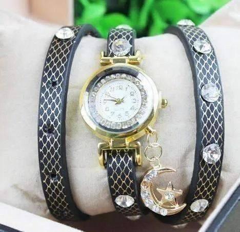 Look To The Moon And Stars Sparkly Wrap Bracelet Watch in Black