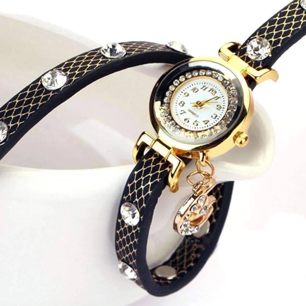 Look To The Moon And Stars Sparkly Wrap Bracelet Watch in Black
