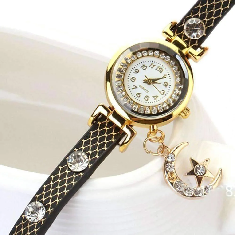 Look To The Moon And Stars Sparkly Wrap Bracelet Watch in Black